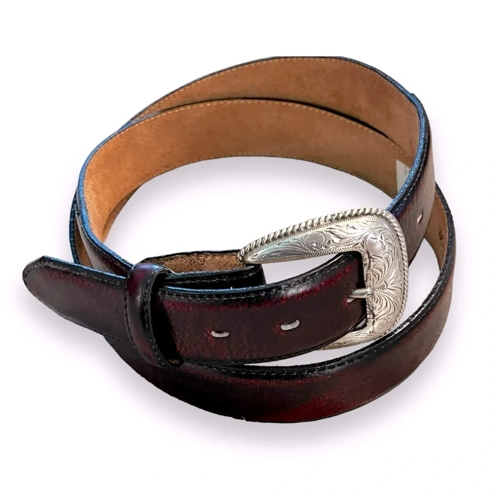 Tony Lama Western Belt Leather Engraved Silver Buckle Cowboy Rodeo Size 46 waist